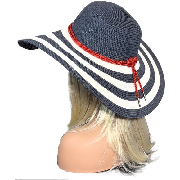 Striped Black and White Sun Hat with Red Accent - Picture 10 of 14